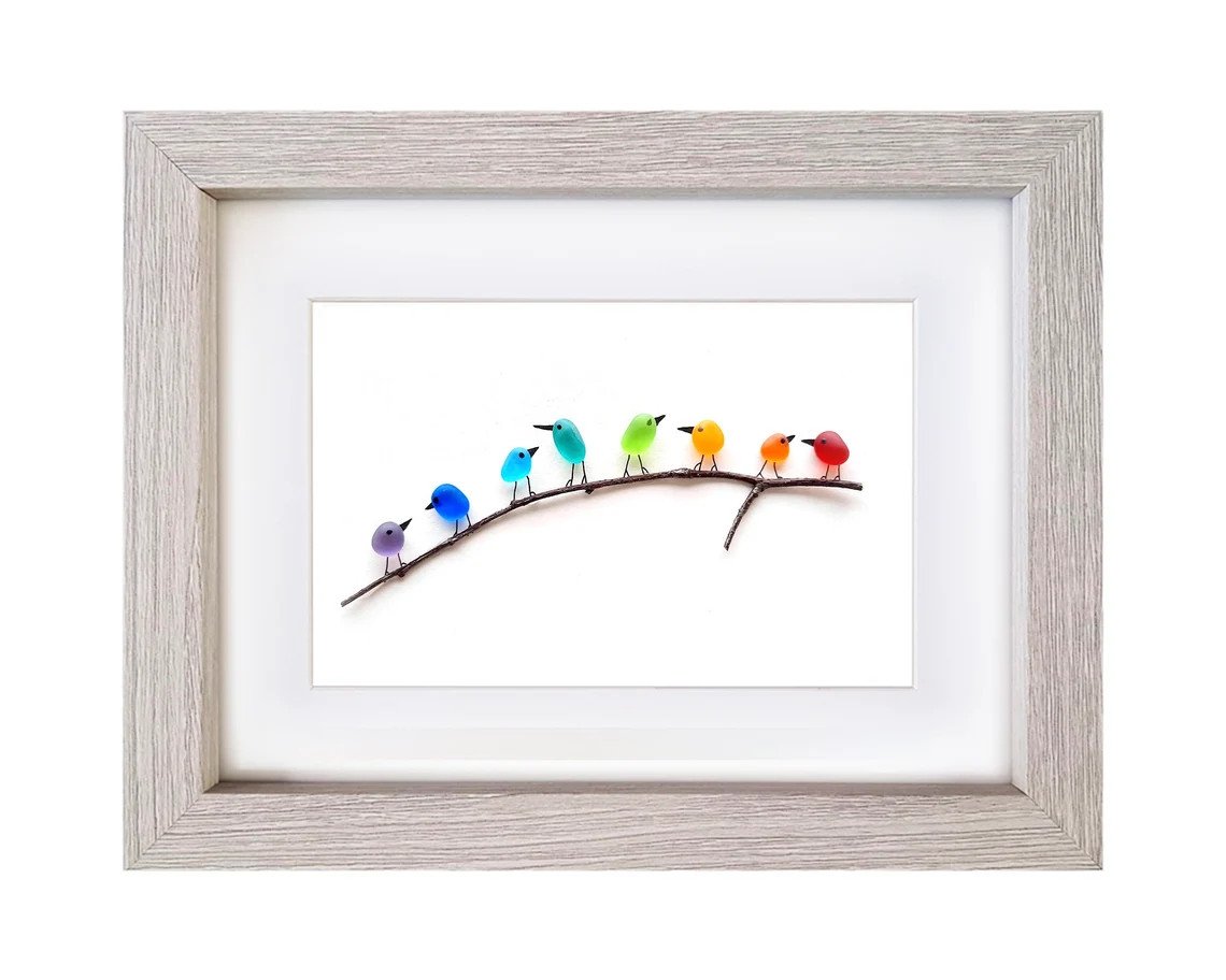 Sea glass rainbow birds -Framed unique handmade