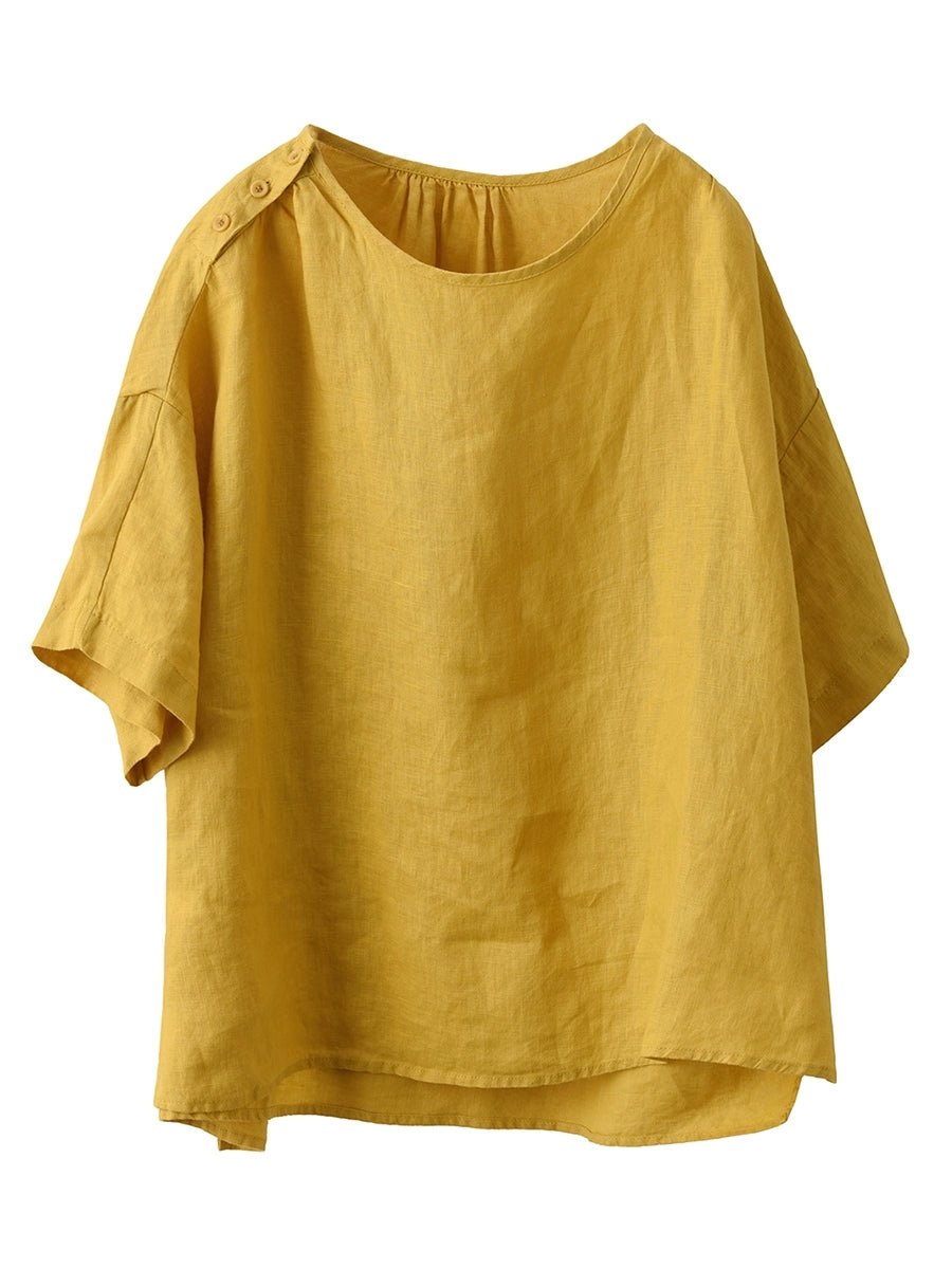 Women Summer Artsy Pure Color O-Neck 100%Linen Shirt