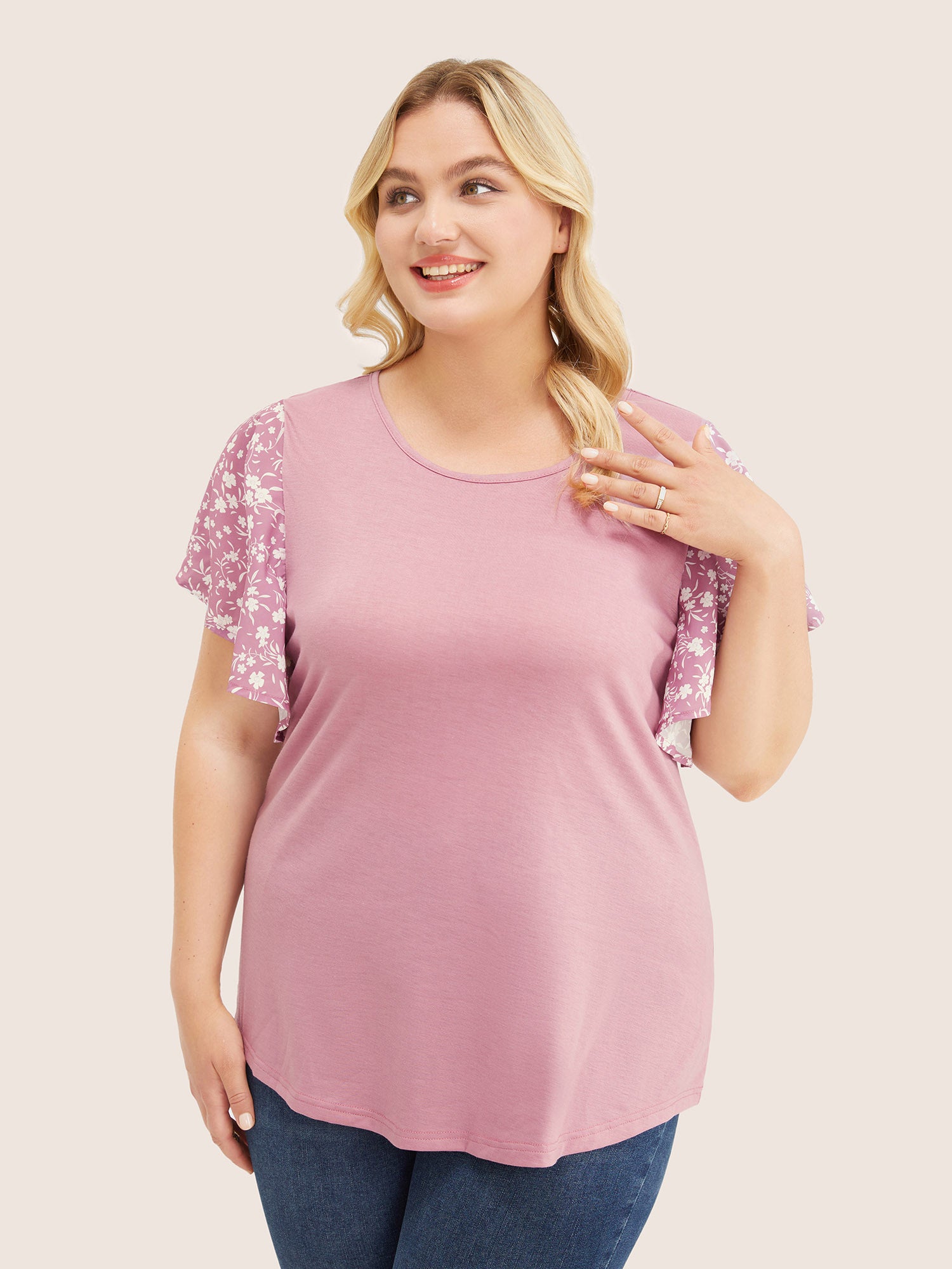 Ditsy Floral Ruffle Sleeve Round Neck T-Shirt