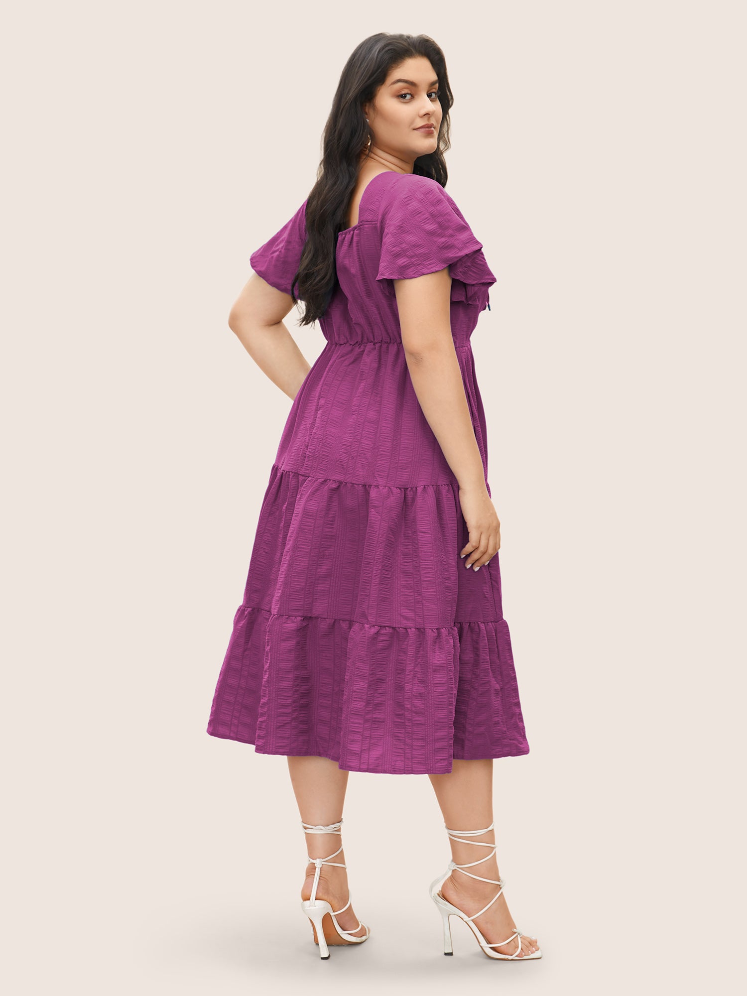 Plain Ruched Drawstring Pocket Ruffle Tiered Dress
