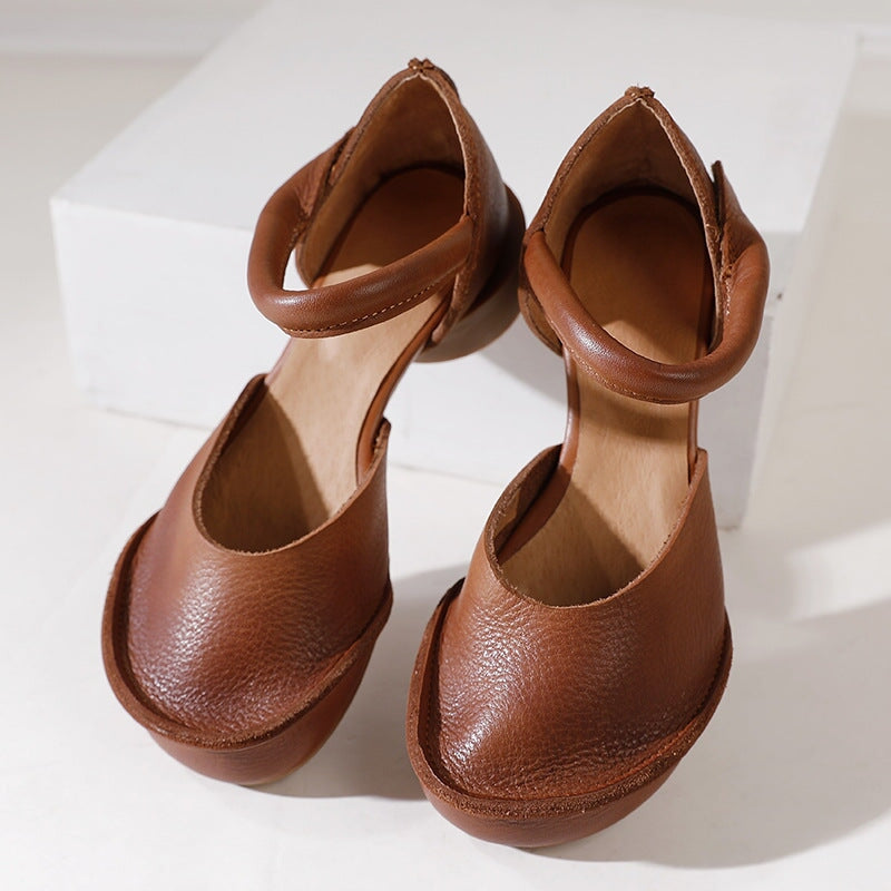 Retro Soft Leather Ankle Strappy Sandals Handmade Closed Toe in Brown/Black