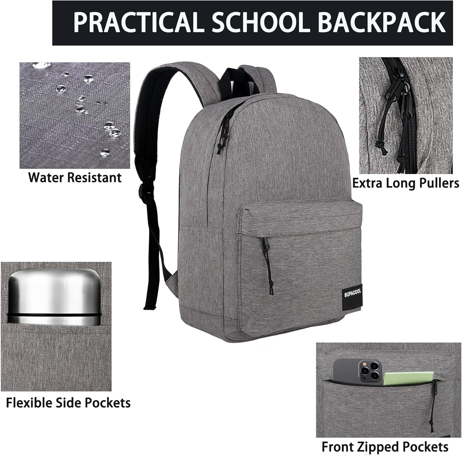 SUPACOOL Casual Laptop Backpack for Men and Women, School Backpack for Boys and Girls, College Bookbag, USB Charging Port, Lightweight Back Pack(Black)