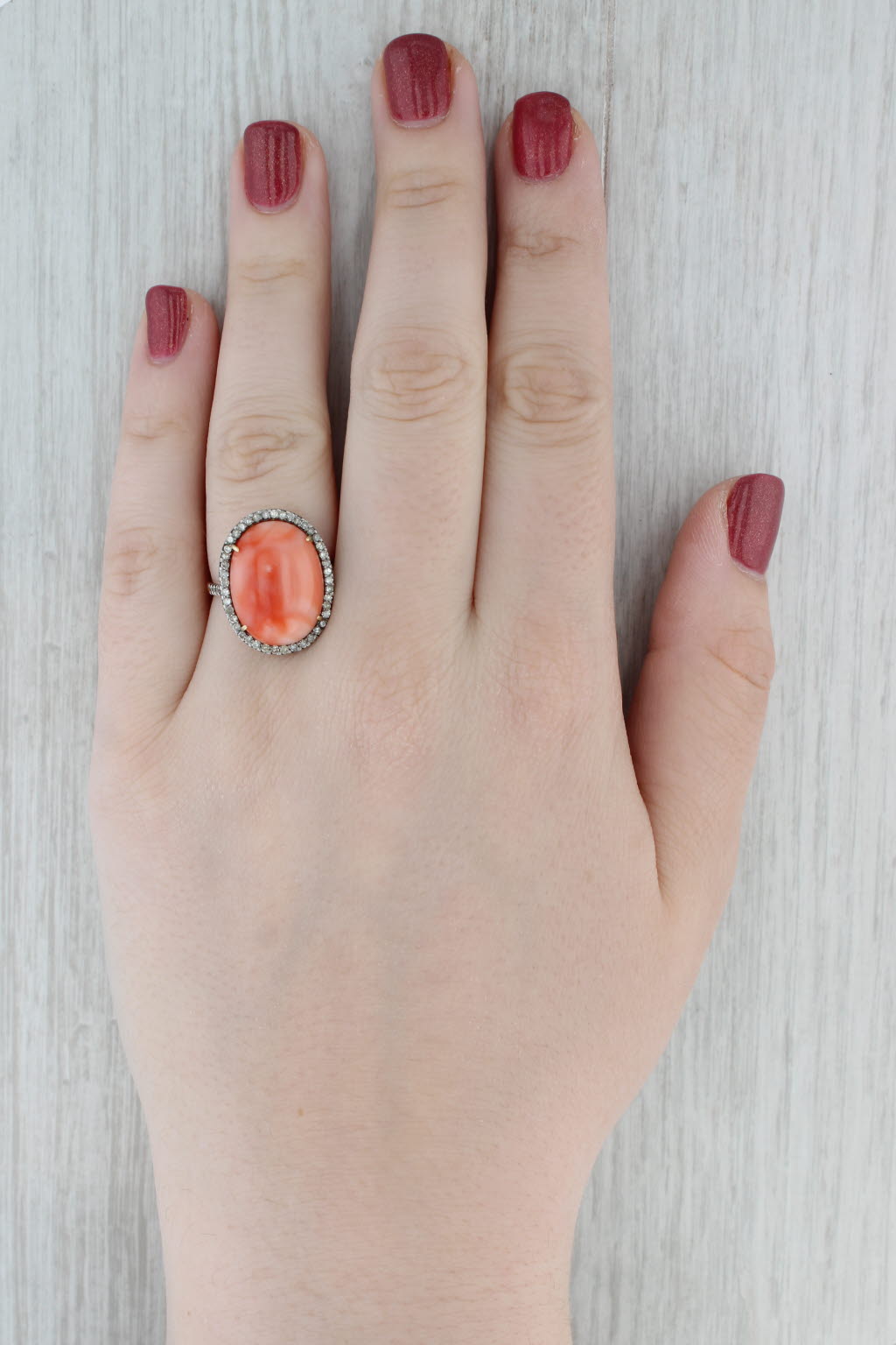 Coral Cabochon Diamond Halo Ring 14k Yellow Gold Silver Size 8
