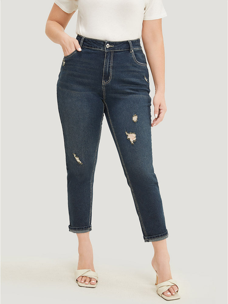 Very Stretchy  High Rise Dark Wash Distressed Stitch Jeans