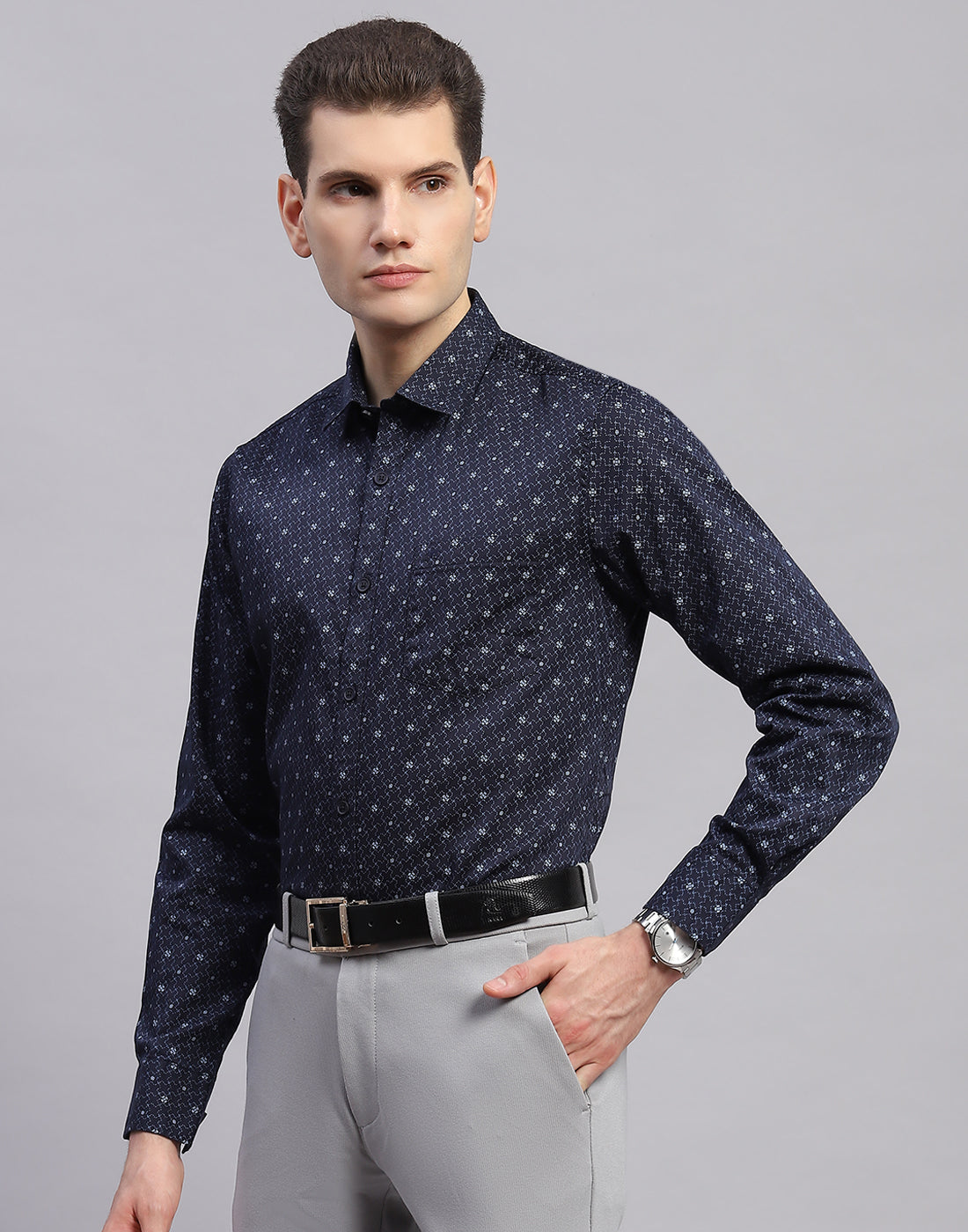 Men Navy Blue Printed Collar Full Sleeve Shirt