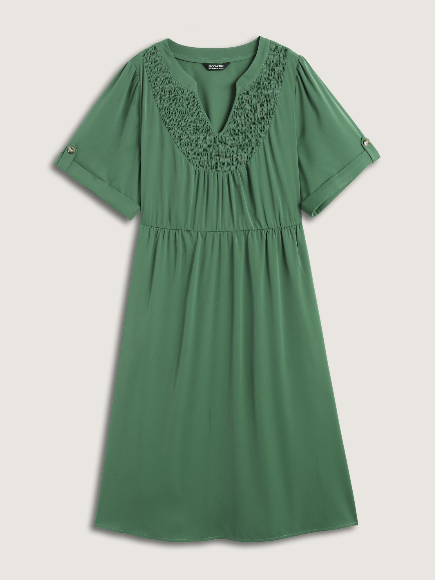Shirred Neck Stretchy Waist Pockets Midi Dress