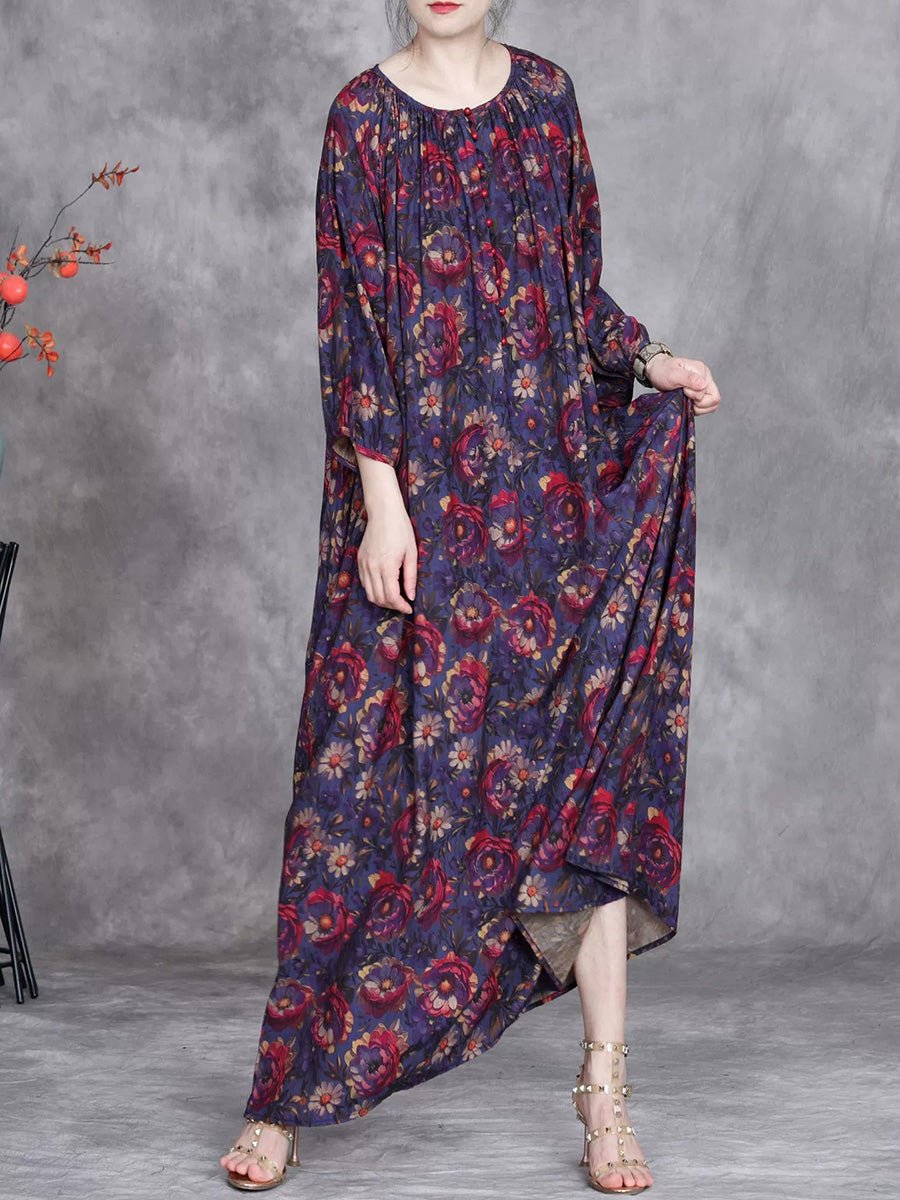 Women Summer Artsy Flower O-Neck Maxi Dress
