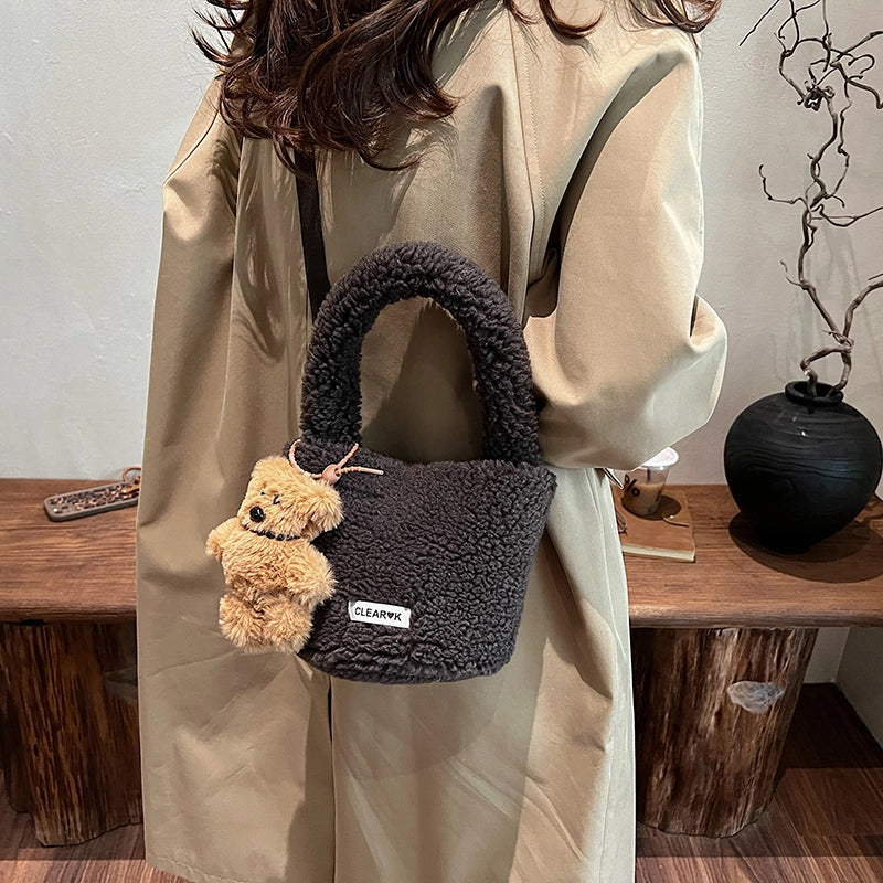 Women's Plush Solid Color Cute Bucket Magnetic Buckle Shoulder Bag Handbag Crossbody Bag