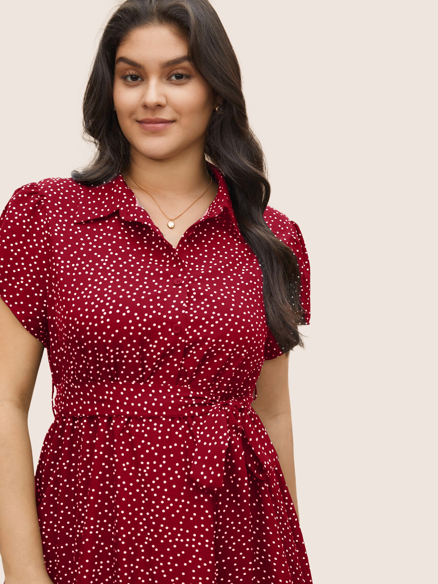 Polka Dot Shirt Collar Pocket Button Up Dress