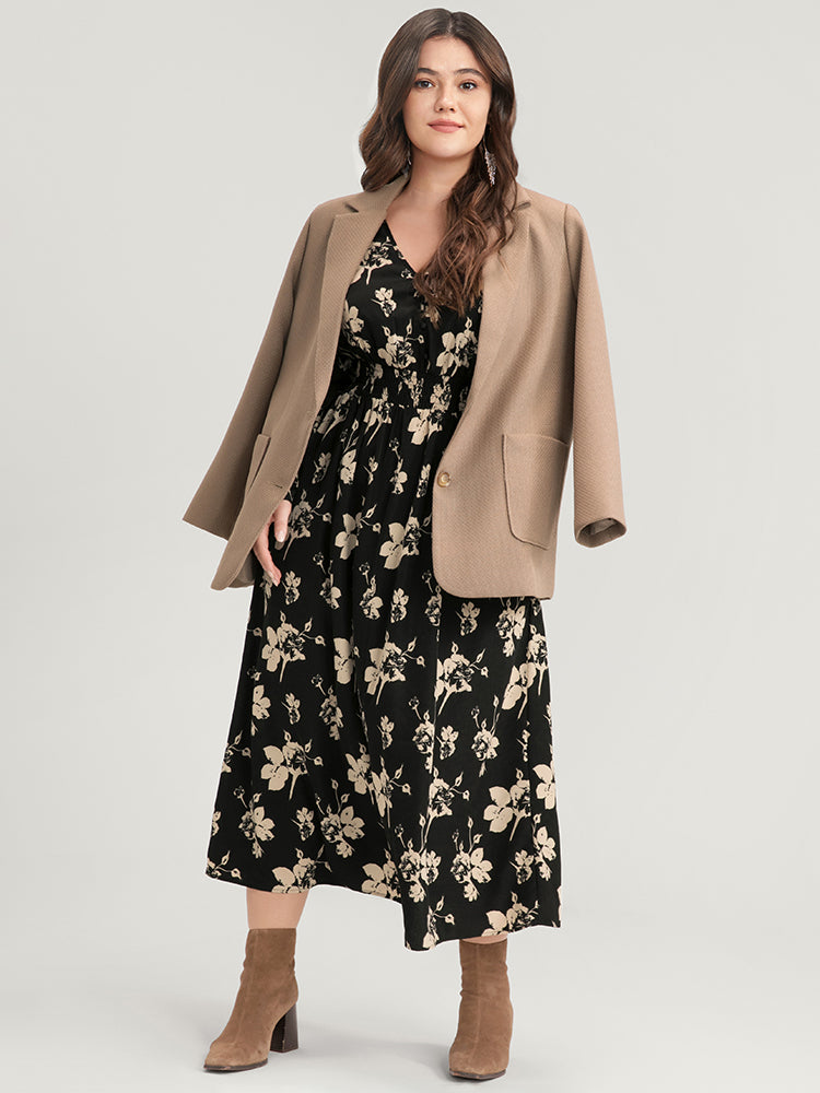 Floral V Neck Button Pocket Shirred Midi Dress