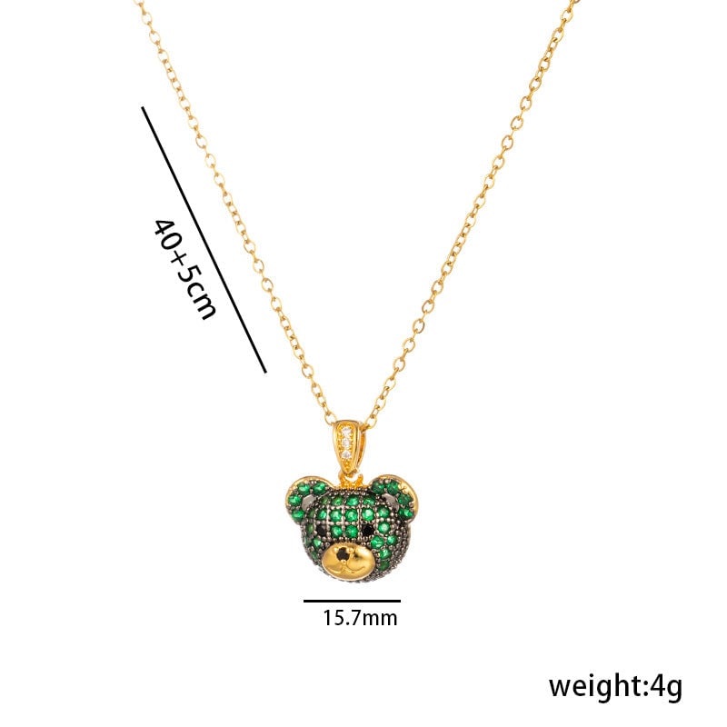 Simple And Fashionable 18K Gold-Plated Colorful Bear Necklace For Women With Full Diamond Cute Animal Pendant Titanium Steel Clavicle Chain