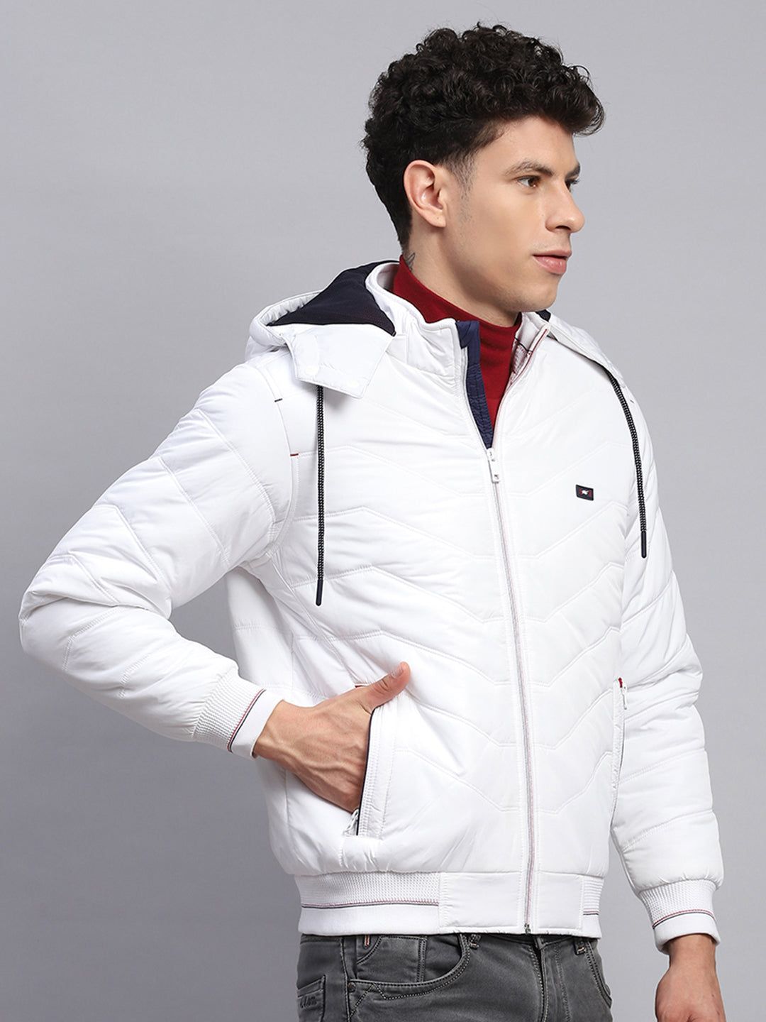 Men White Solid Detachable Hood Full Sleeve Jacket