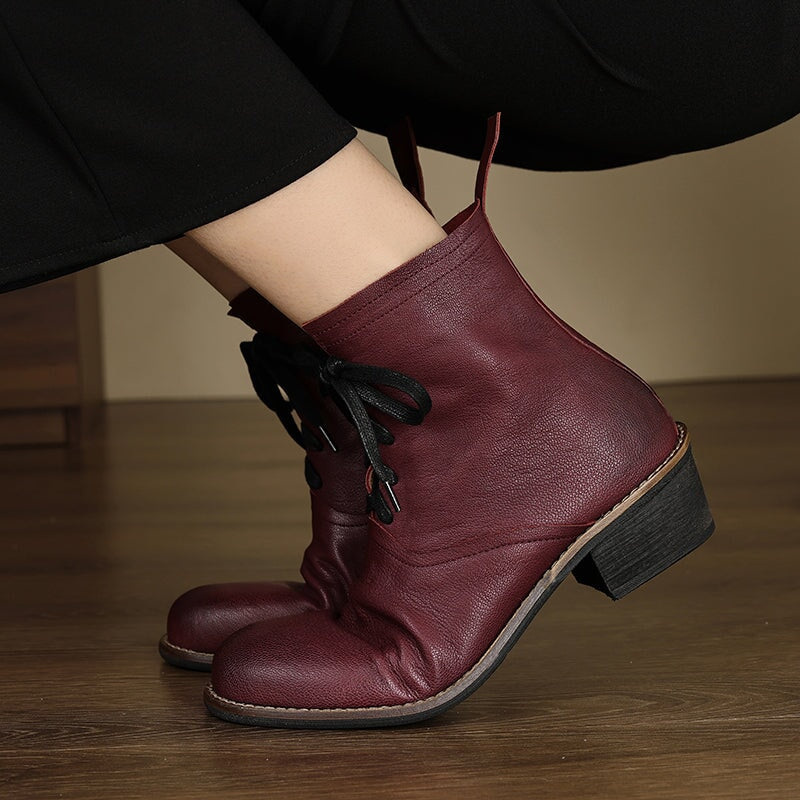 Retro Sheepskin Lace-Up Ankle Boots 40mm Block Heel Martens Boots Grey/Black/Encore Red