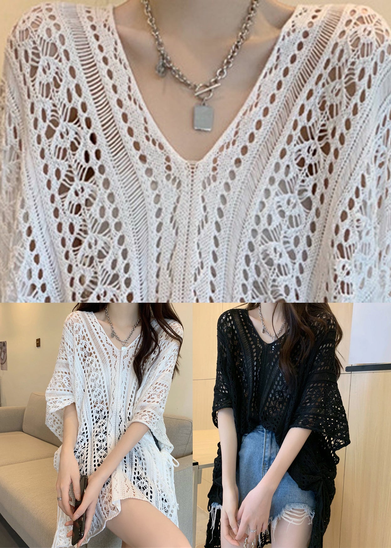 White Patchwork Hollow Out Knit T Shirts Summer
