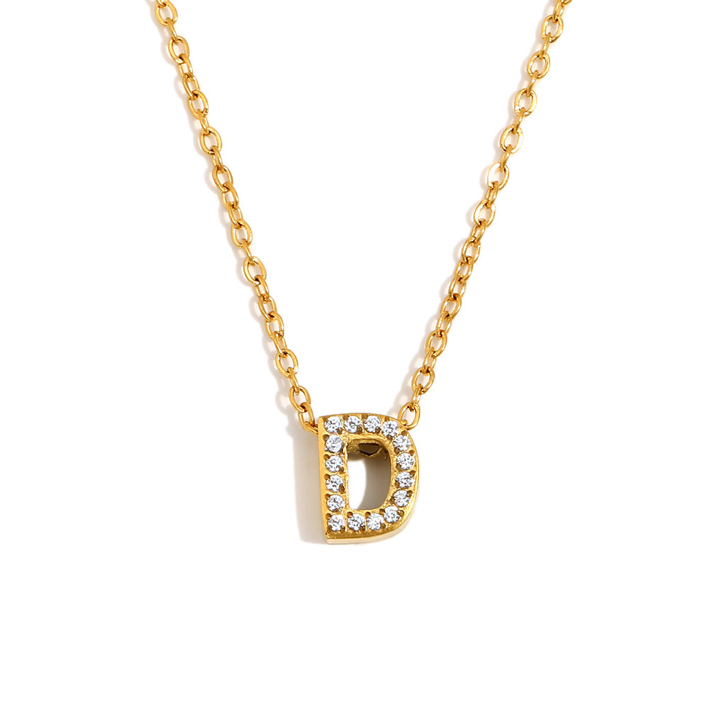 Fashionable And Simple 26 English Letter Pendant Stainless Steel Plated 18K Gold Diamond Small Letter Necklace For Women
