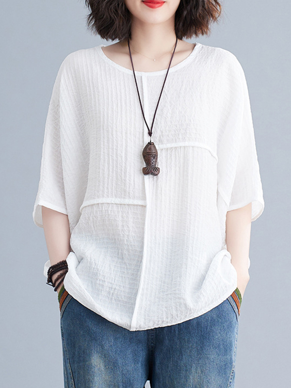 Batwing Sleeves Loose Solid Color Split-Joint Round-Neck T-Shirts Tops