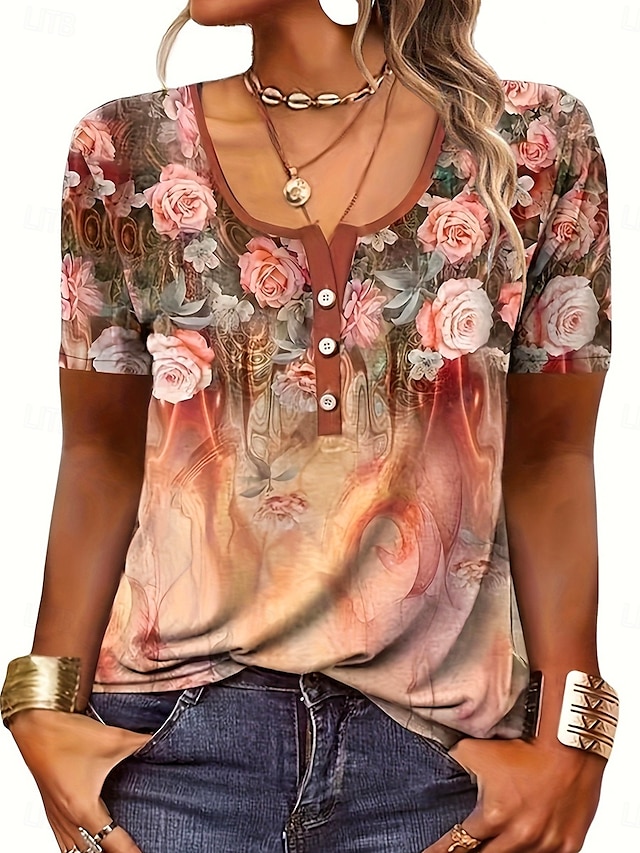 Women's T shirt Tee Ombre Floral Button Daily Casual Short Sleeve U Neck Rose Gold Summer