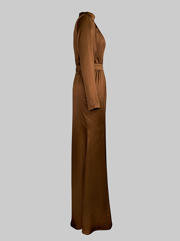 Long Sleeves Loose Pleated Shiny Solid Color Split-Joint Tied Waist High Neck Evening Dresses Maxi Dresses