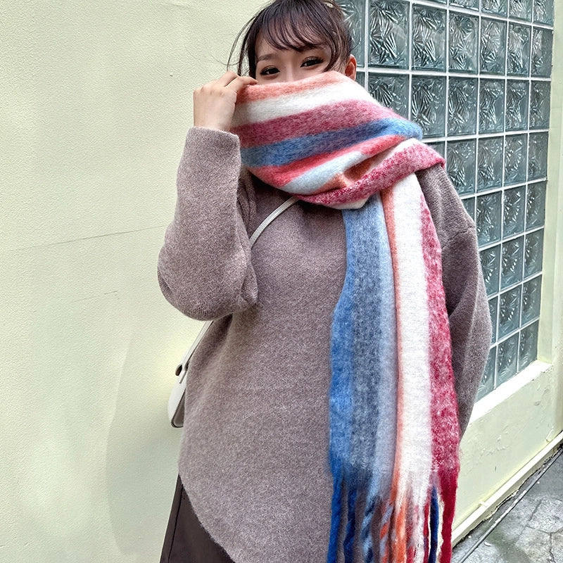 Latest Mohair Striped Tassel Scarf Fashion Geometric Gradient Shawl Versatile Thickened Scarf