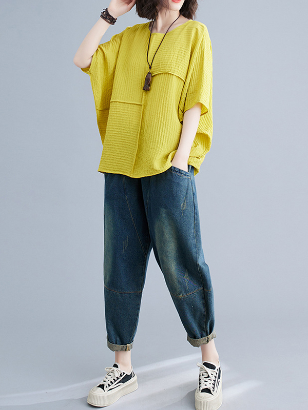 Batwing Sleeves Loose Solid Color Split-Joint Round-Neck T-Shirts Tops