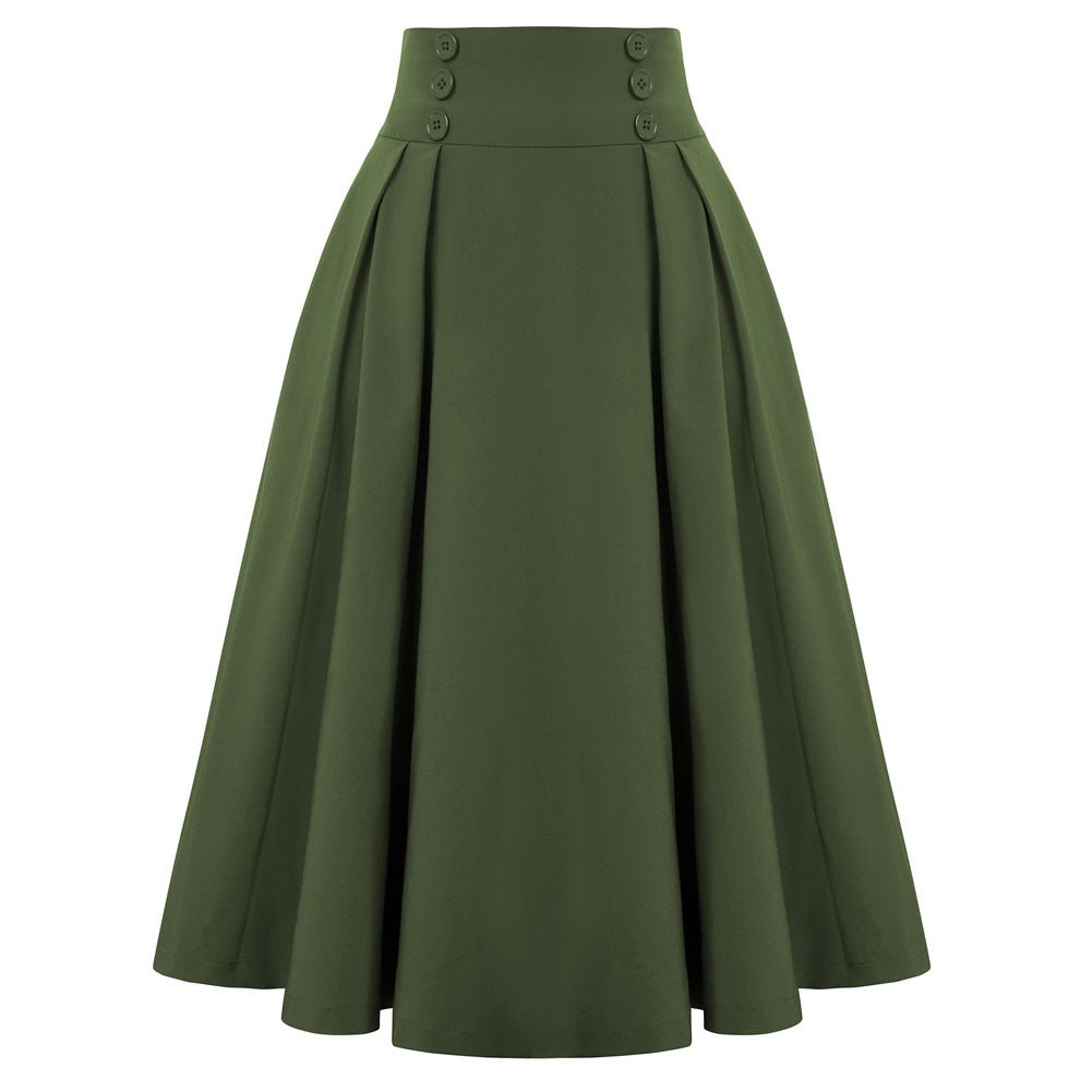 Leaf Patterns Pleated Buttons Decorated Elastic Waist High Waist Swing A-Line Skirt with Pockets