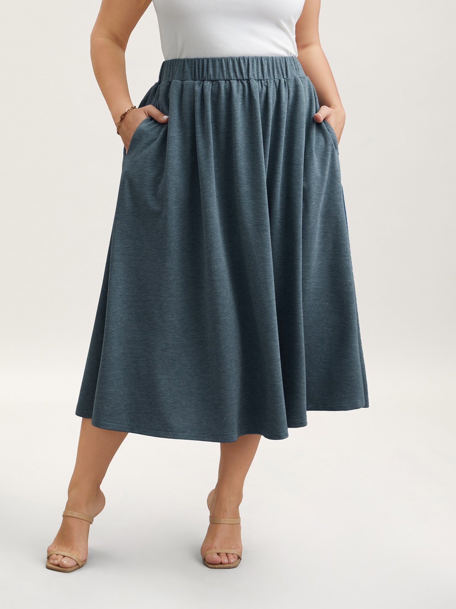 Heather Stretchy-Waist Pleated Midi Skirt