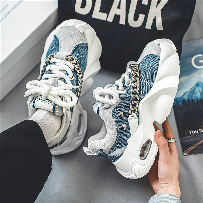 Advbridge Blue Denim Casual Sneakers Men Original Designer Platform Shoes Men Increase Heel Hip Hop Chunky Sneakers Mens Trainers