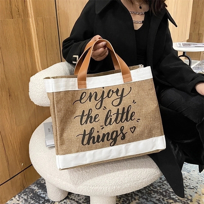 Women's Large Cotton And Linen Letter Basic Classic Style Square Open Tote Bag