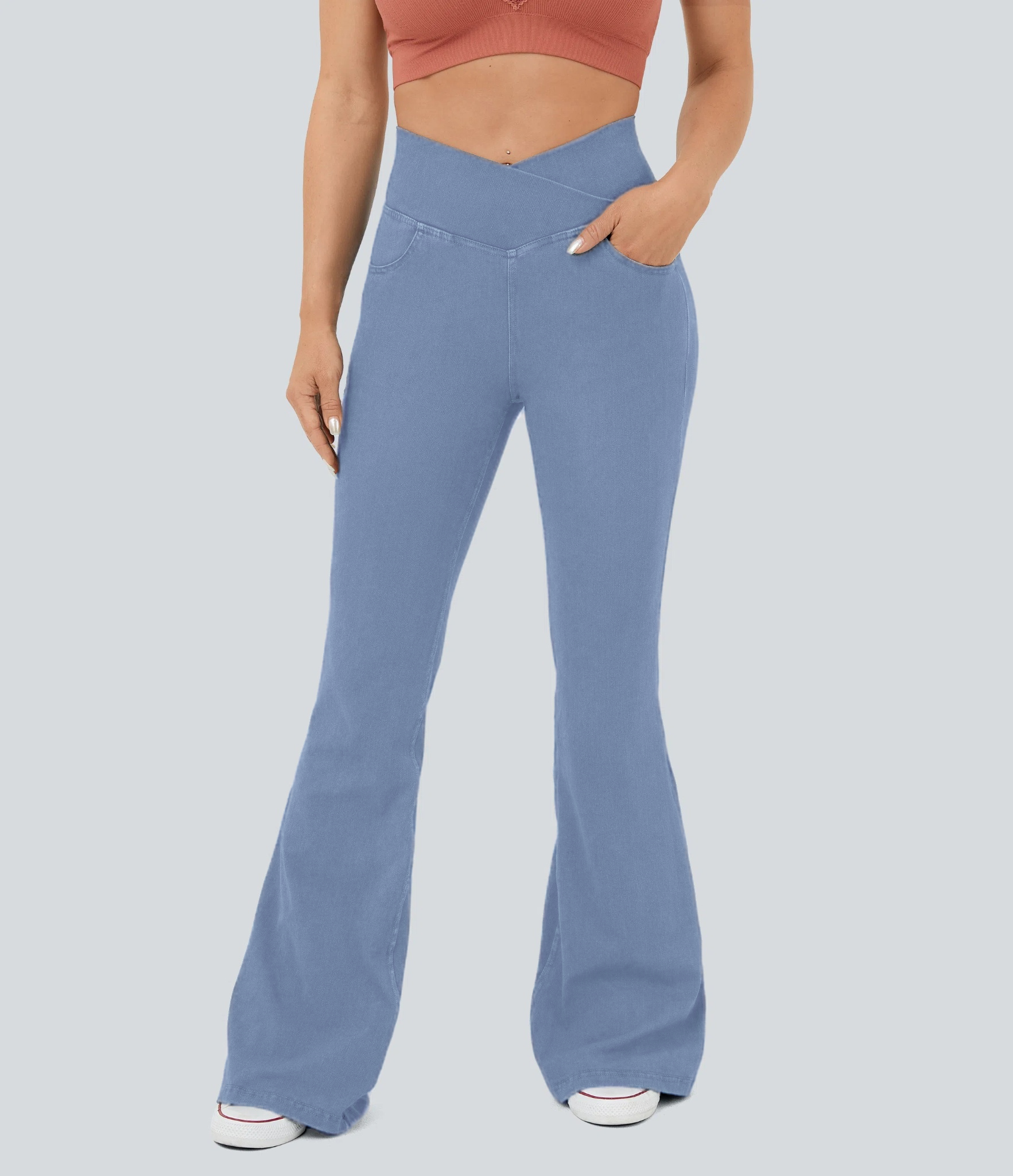 ⚡8 Packs for $25.95⚡- High Waisted Crossover Pocket Washed Stretchy Knit Casual Super Flare Jeans
