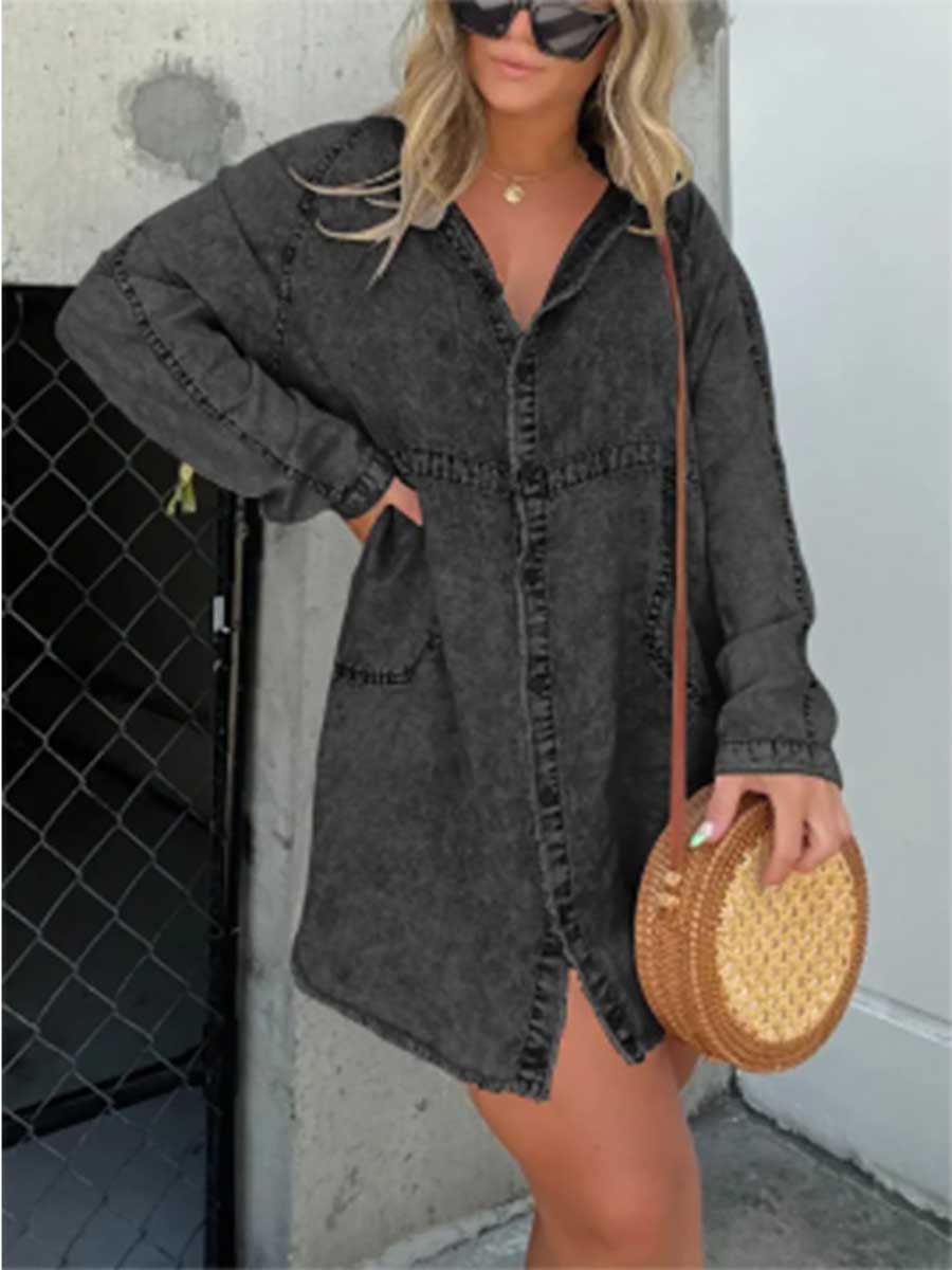 V-neck Washed Loose Shirt Denim Skirt
