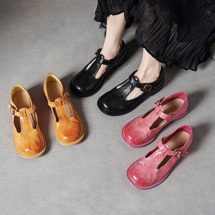 Vintage Washed Horse Leather Round Toe T-Strap Mary Jane Shoes Pink/Yellow/Black