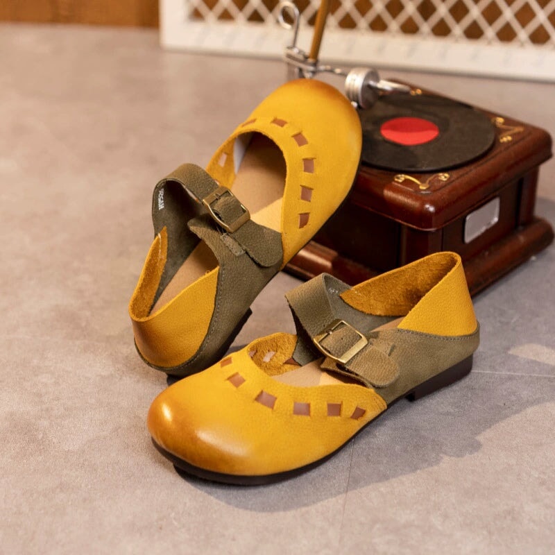 Distinctive Leather Mary Jane Flats Round Toe Buckle Strap Casual Shoes in Yellow Coffee/Yellow Brown