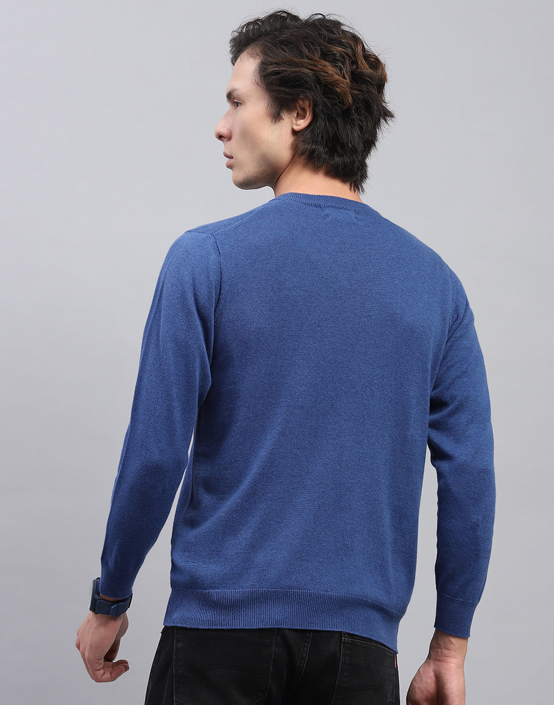 Men Blue Solid V Neck Full Sleeve Pullover