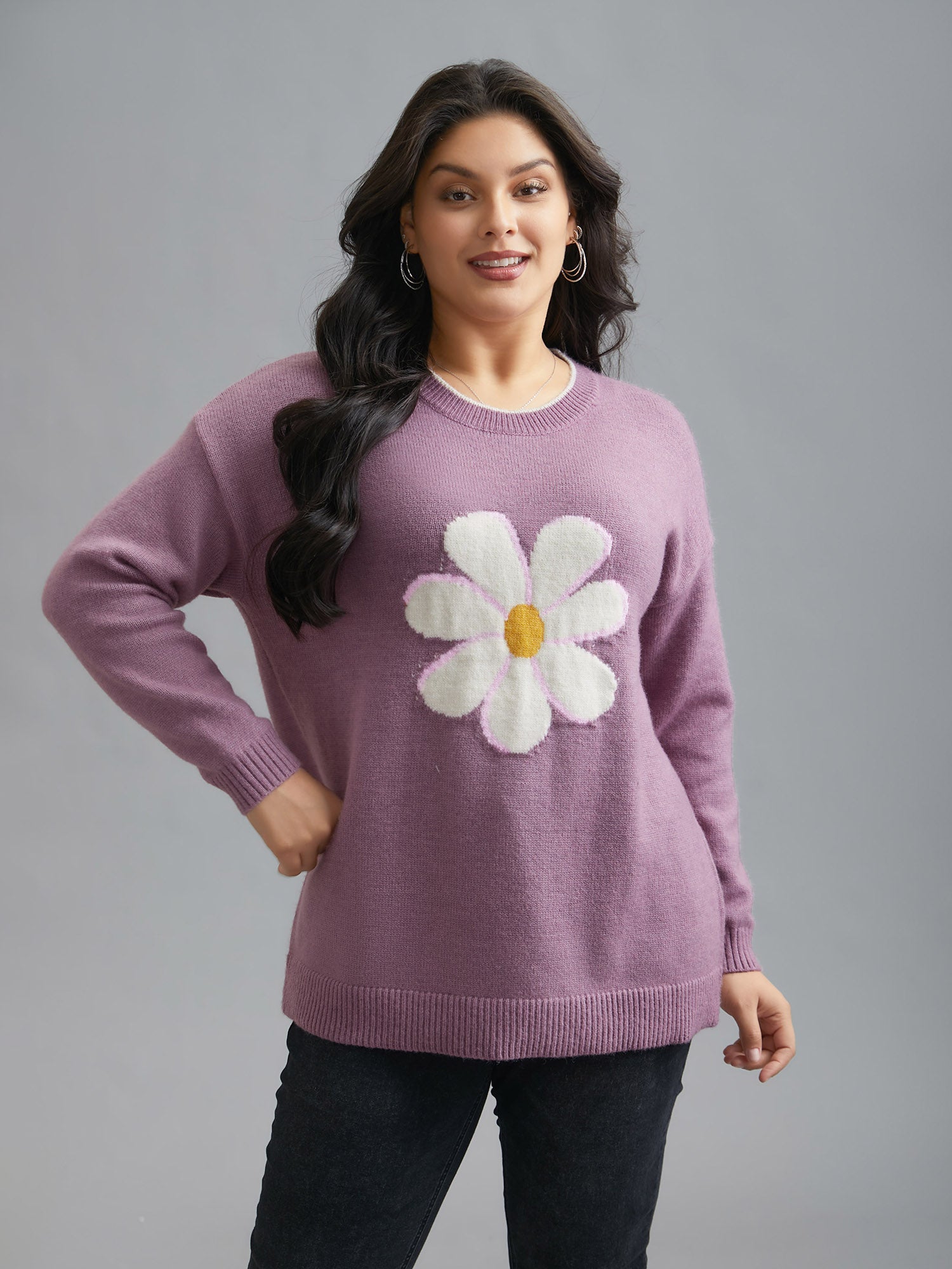Floral Textured Crew Neck Pullover