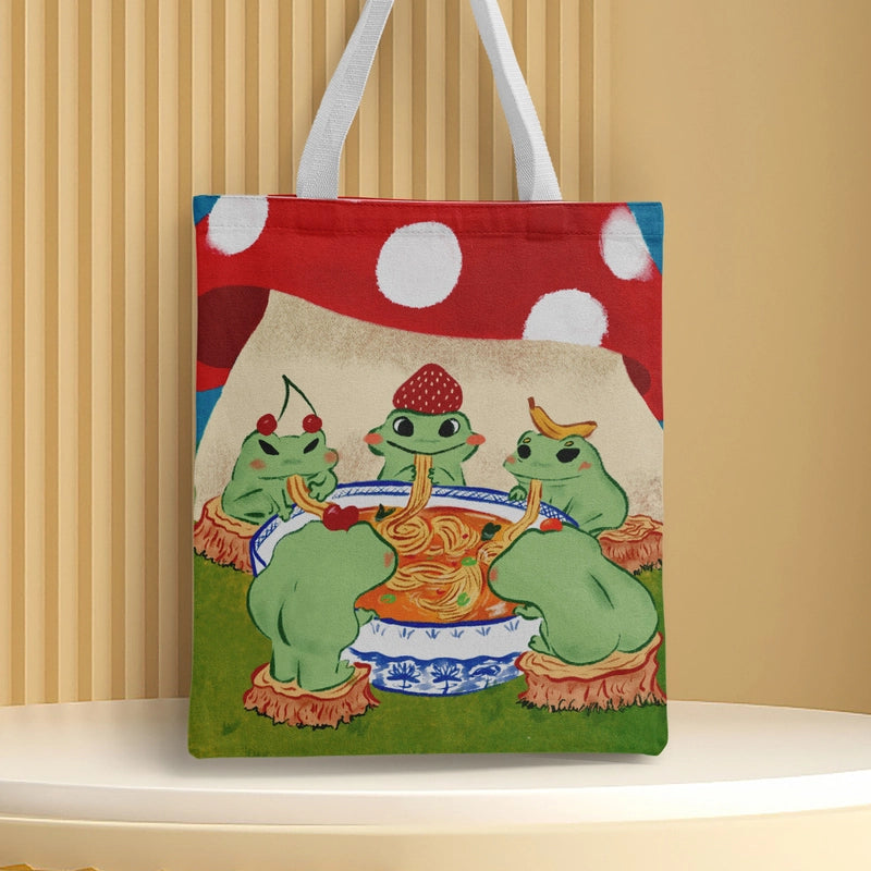 Women's Canvas Cartoon Frog Basic Classic Style Square Open Canvas Bag
