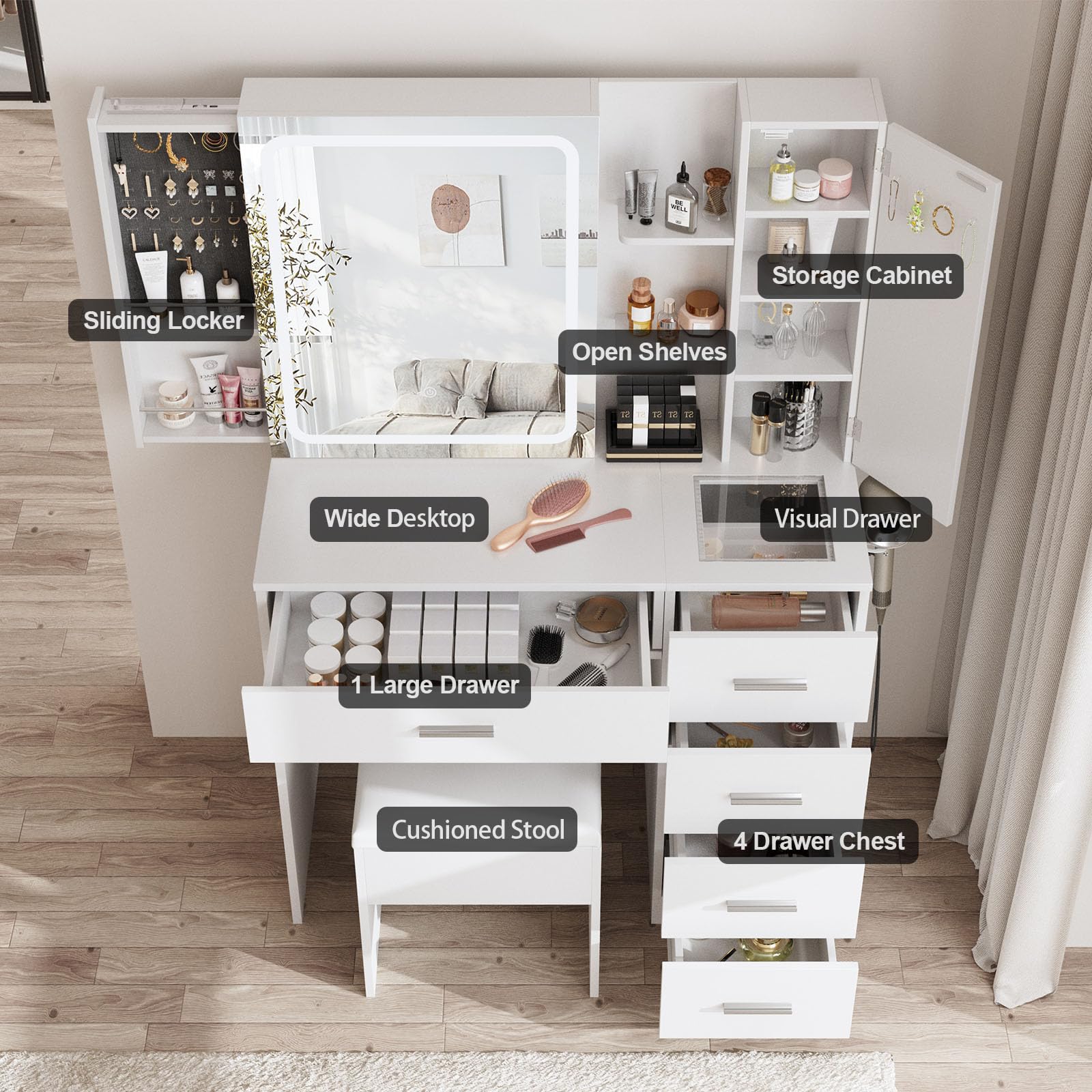 White Vanity Desk with Mirror and Lights Makeup Vanity Table with Power Strip