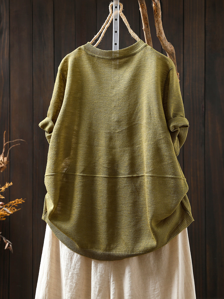 Women Summer Casual Colorful Button Knitted O-Neck Shirt