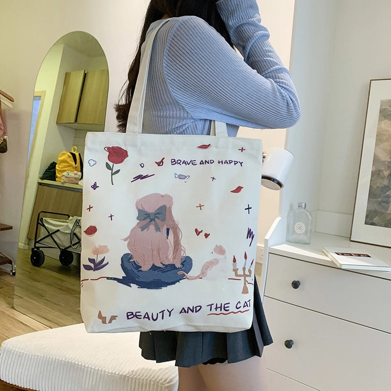 Women's Medium Canvas Cartoon Cute Square Zipper Shoulder Bag