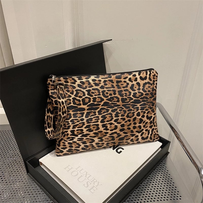 Black Coffee Brown Pu Leather Leopard Square Clutches