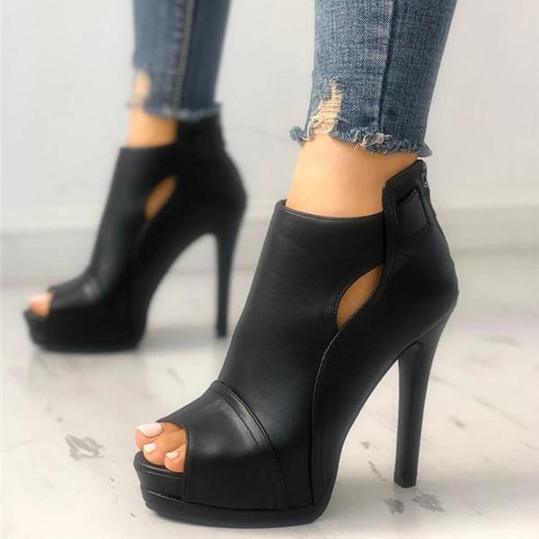 Black Peep Toe Stilettos Platform High Heel Ankle Boots