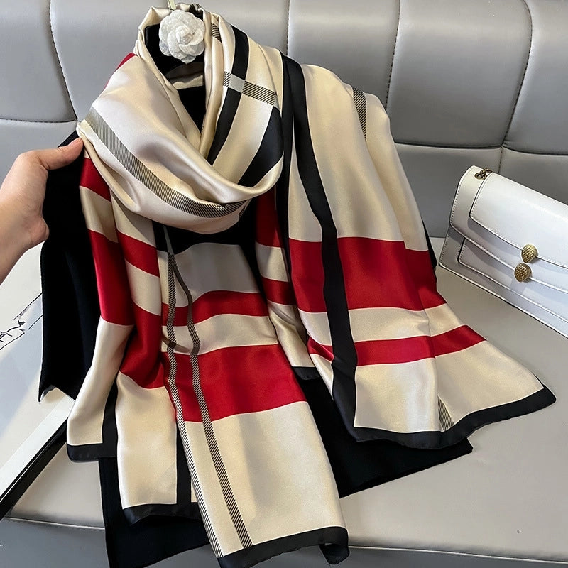 Simple Plaid Silk Scarf Elegant Shawl Spring And Summer Elegant Sunscreen Silk Scarf Women