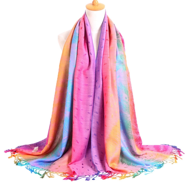 Ethnic Style Women's Vintage Jacquard Scarf Jacquard Cotton Feather Travel Spring And Autumn Long Shawl Warm Air Conditioning D01