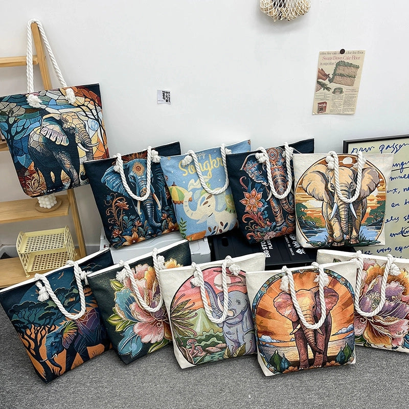 Women's Medium Canvas Elephant Ethnic Style Classic Style Square Zipper Tote Bag