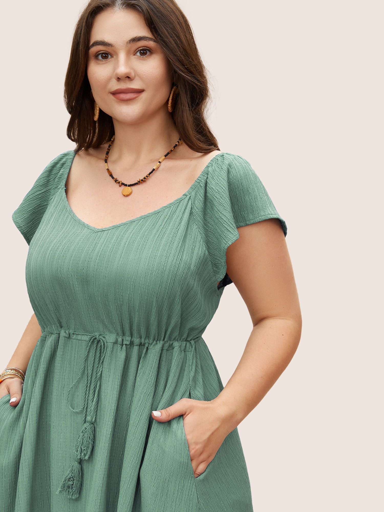 Texture Drawstring Tie Knot Tassels Dress