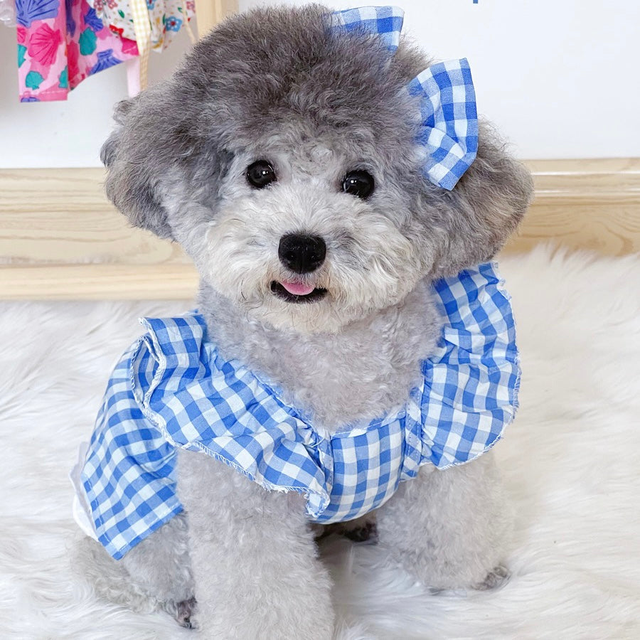 Plaid Printed Dog Cat Dress with Bow