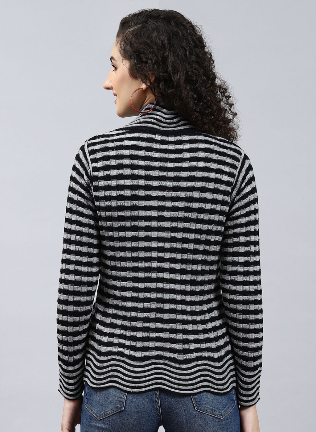 Women Black Stripe Wool blend Cardigan