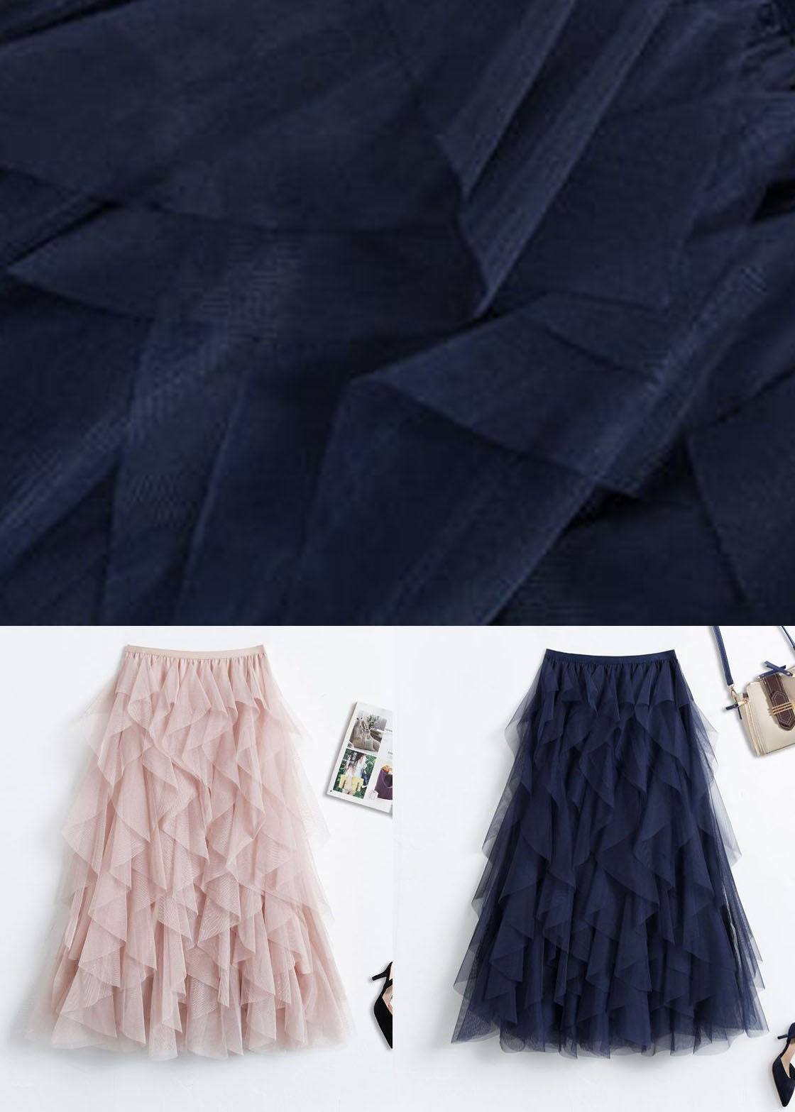 Women Navy Asymmetrical Patchwork Tulle Skirts Spring