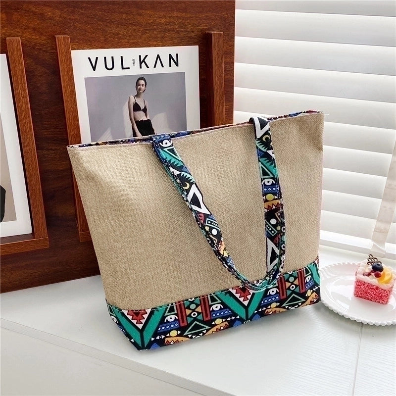 Women's Large Cotton And Linen Geometric Ethnic Style Zipper Tote Bag