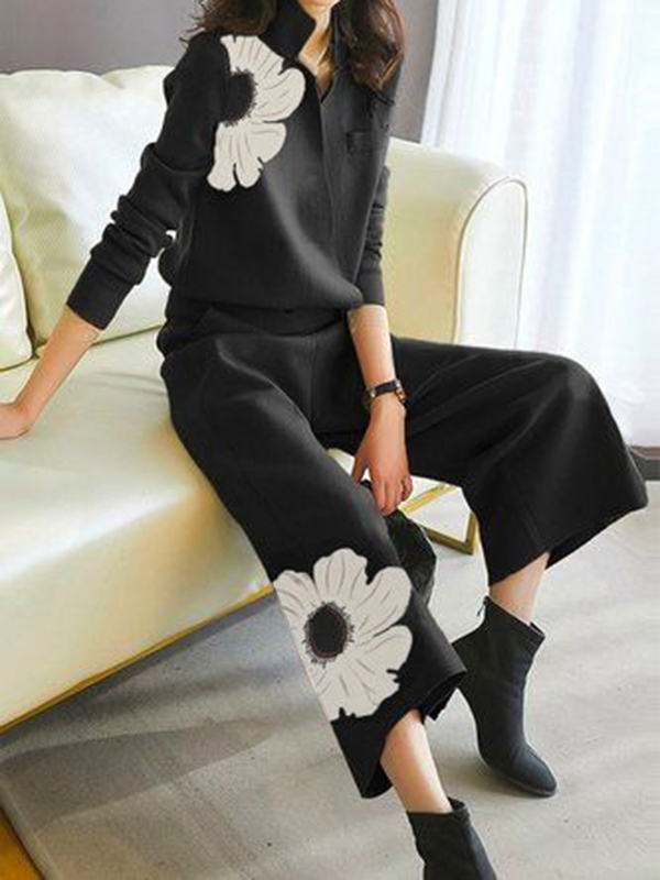 Long Sleeves Loose Asymmetric Floral Printed Split-Joint Lapel Cardigan Tops