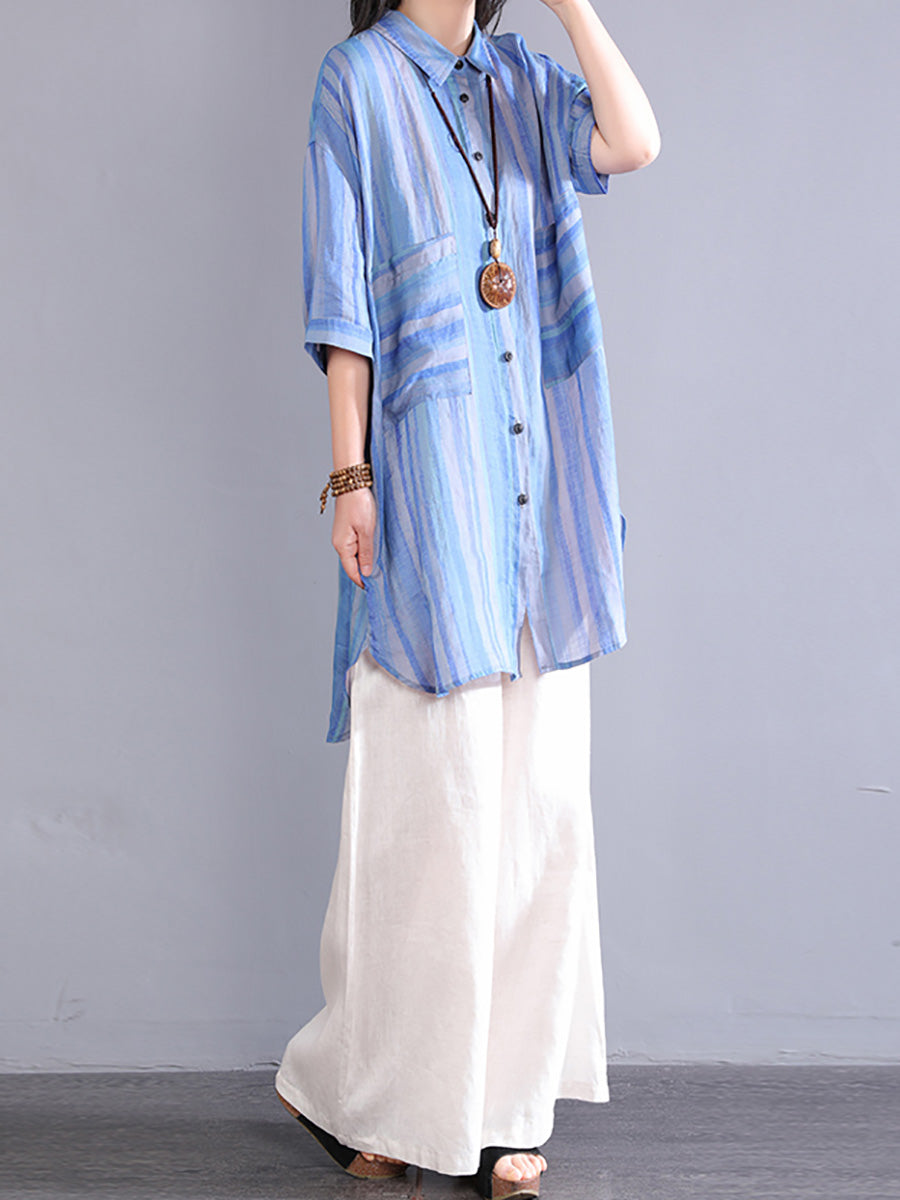 Women Summer Artsy Stripe Turn-down Collar 100%Ramie Shirt